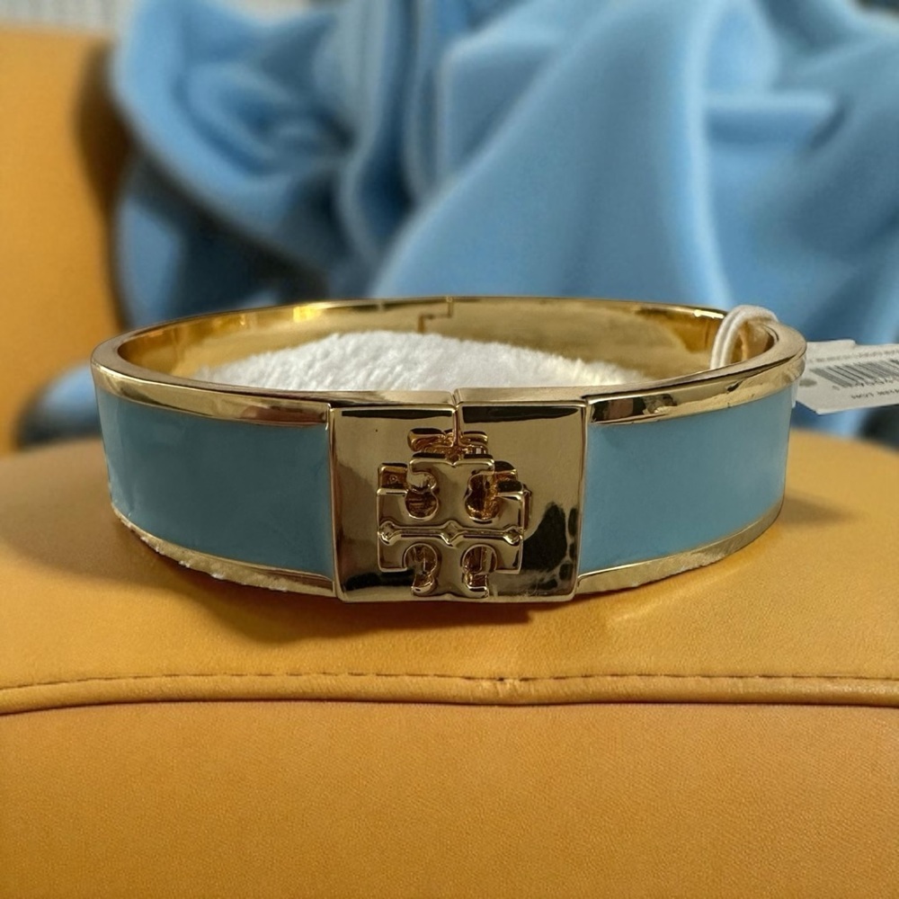 Tory Burch Kira Enamel Bangle Bracelet LightBlue in Gold Tone NWT